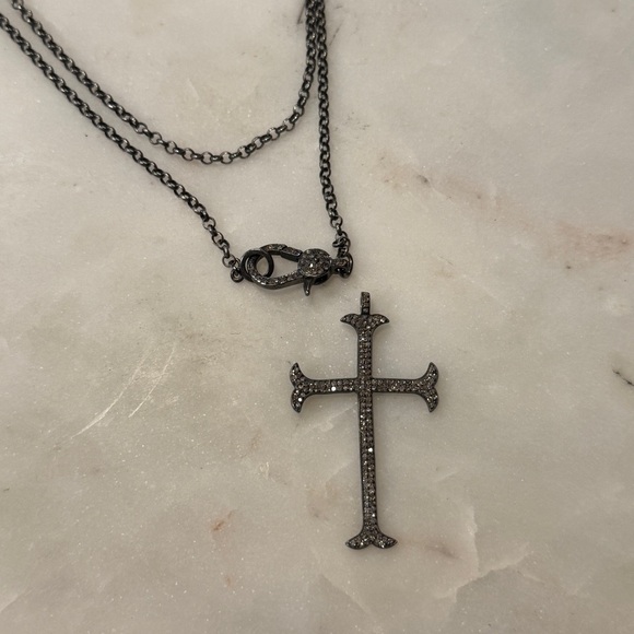 Pavé Diamond & Gunmetal Cross Necklace - Picture 9 of 12